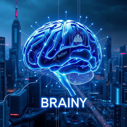 A futuristic and abstract representation of the concept 'DKV BRAINY', characterized by a sleek and modern digital brain interface, neon glowing neural pathways, and holographic data visualizations