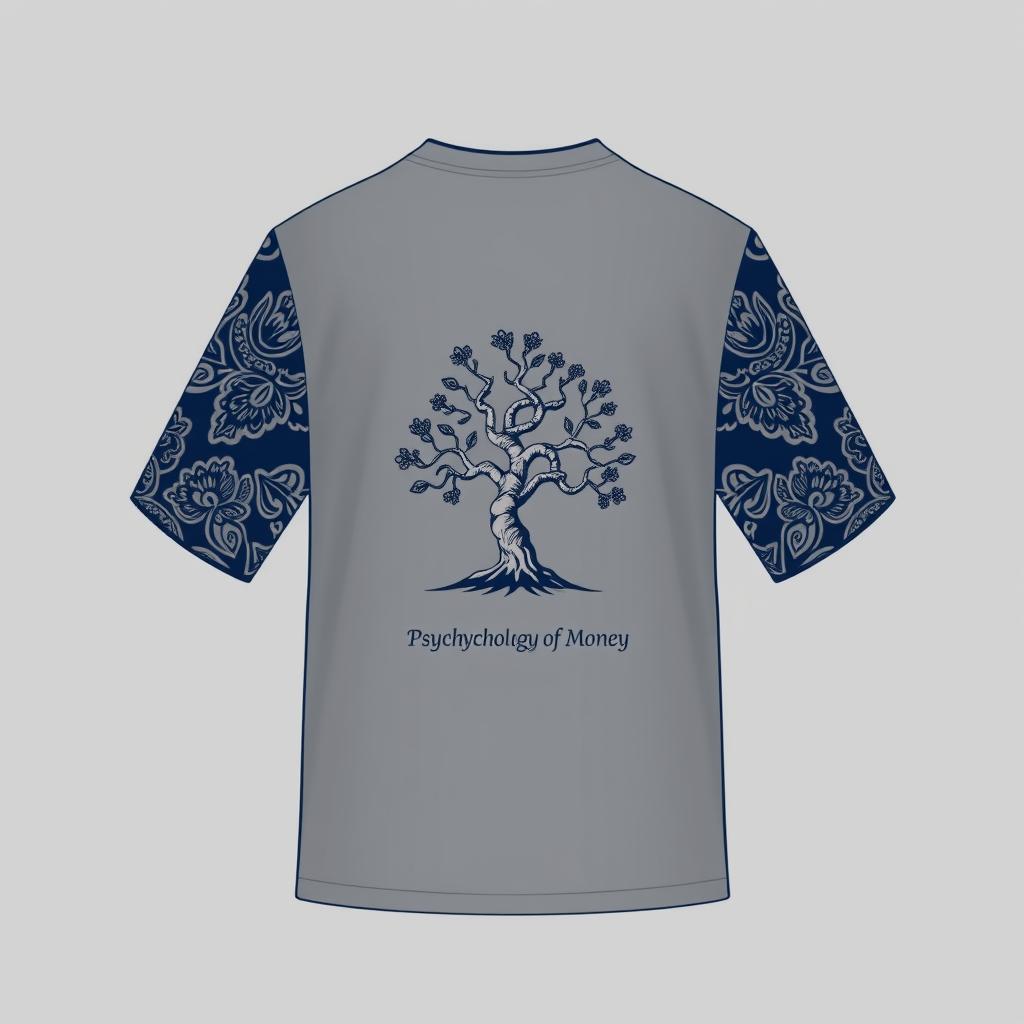 Design a t-shirt with a grey base color, featuring batik patterns on the sleeves in midnight blue