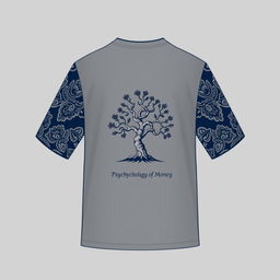 Design a t-shirt with a grey base color, featuring batik patterns on the sleeves in midnight blue