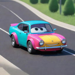 Generate an animated image of a cartoon-style character putting all their strength into pushing a colorful, stylized car on a lively, detailed road.