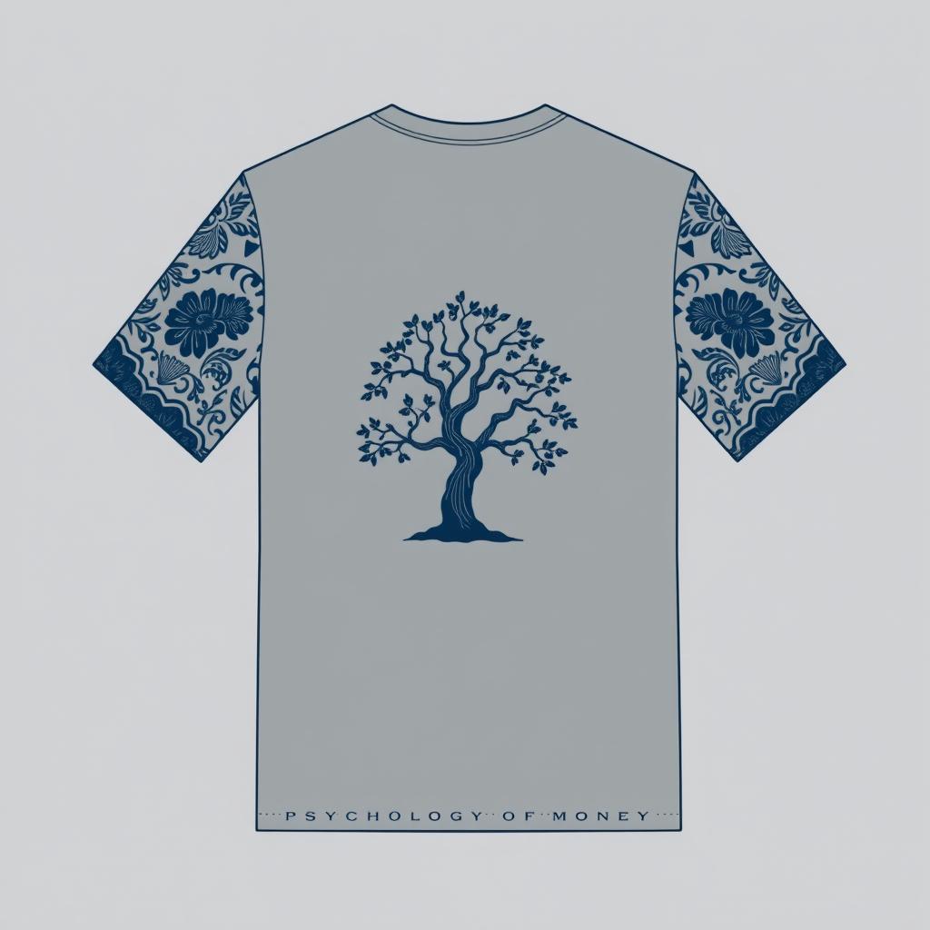 Design a t-shirt with a grey base color, featuring batik patterns on the sleeves in midnight blue