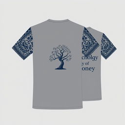 Design a t-shirt with a grey base color, featuring batik patterns on the sleeves in midnight blue