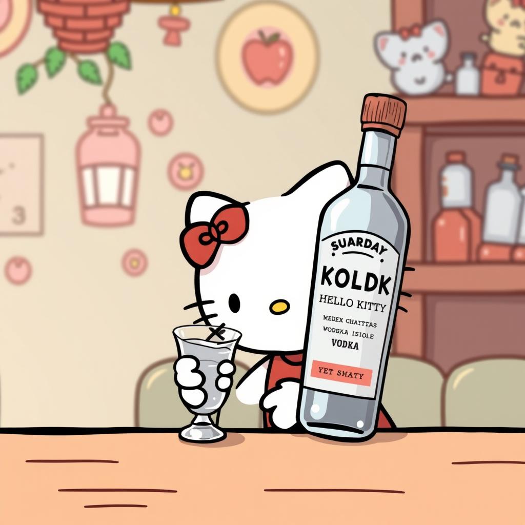 Hello Kitty sitting at a table, sipping vodka from a shot glass