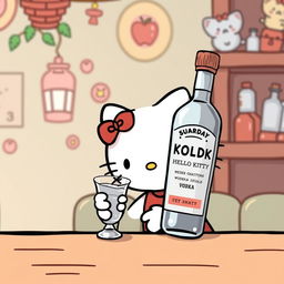 Hello Kitty sitting at a table, sipping vodka from a shot glass