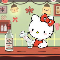 Hello Kitty sitting at a table, sipping vodka from a shot glass