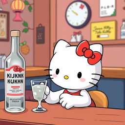 Hello Kitty sitting at a table, sipping vodka from a shot glass