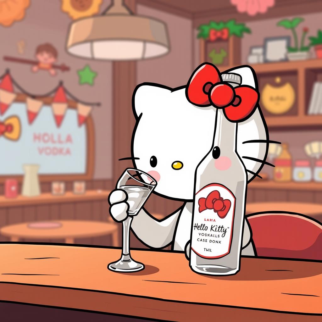 Hello Kitty sitting at a table, sipping vodka from a shot glass