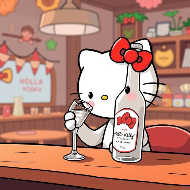 Hello Kitty sitting at a table, sipping vodka from a shot glass