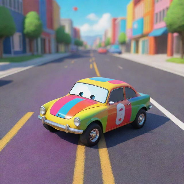 Generate an animated image of a cartoon-style character putting all their strength into pushing a colorful, stylized car on a lively, detailed road.