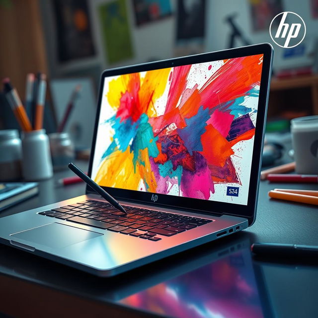 A digital artwork featuring an HP laptop with a stylus pen actively drawing on the screen