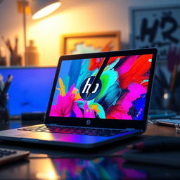 A digital artwork featuring an HP laptop with a stylus pen actively drawing on the screen