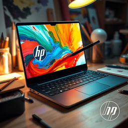 A digital artwork featuring an HP laptop with a stylus pen actively drawing on the screen