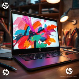 A digital artwork featuring an HP laptop with a stylus pen actively drawing on the screen