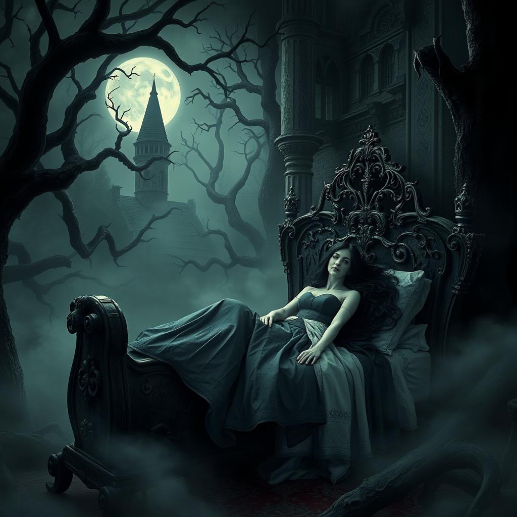 A hauntingly dark twist on the classic 'Sleeping Beauty', set in a dilapidated castle shrouded in fog and eerie shadows