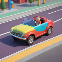 Generate an animated image of a cartoon-style character putting all their strength into pushing a colorful, stylized car on a lively, detailed road.