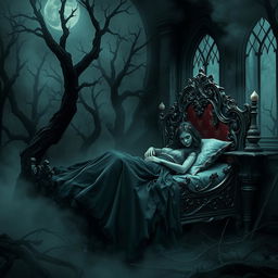 A hauntingly dark twist on the classic 'Sleeping Beauty', set in a dilapidated castle shrouded in fog and eerie shadows