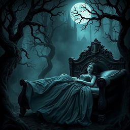 A hauntingly dark twist on the classic 'Sleeping Beauty', set in a dilapidated castle shrouded in fog and eerie shadows