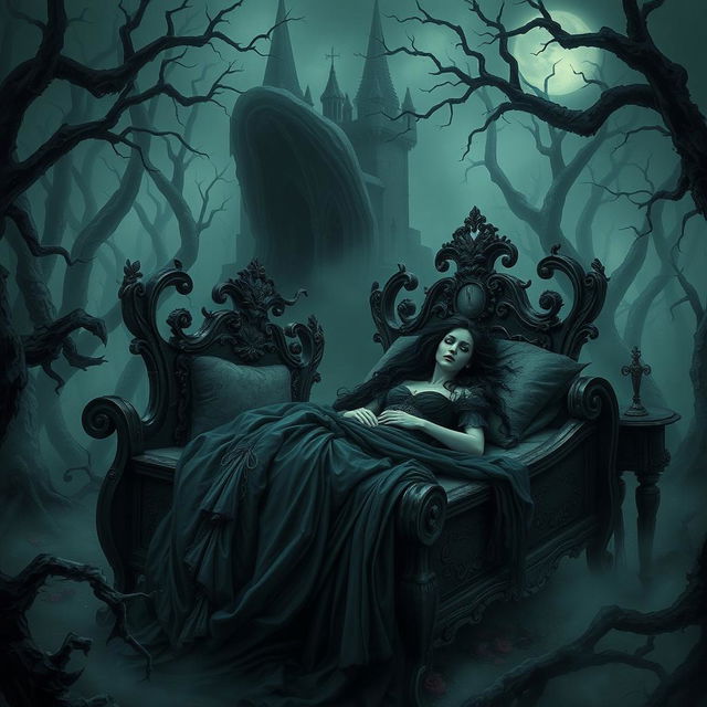 A hauntingly dark twist on the classic 'Sleeping Beauty', set in a dilapidated castle shrouded in fog and eerie shadows