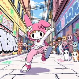 My Melody performing a breakdance move on a vibrant street with colorful graffiti