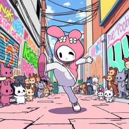 My Melody performing a breakdance move on a vibrant street with colorful graffiti