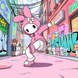 My Melody performing a breakdance move on a vibrant street with colorful graffiti