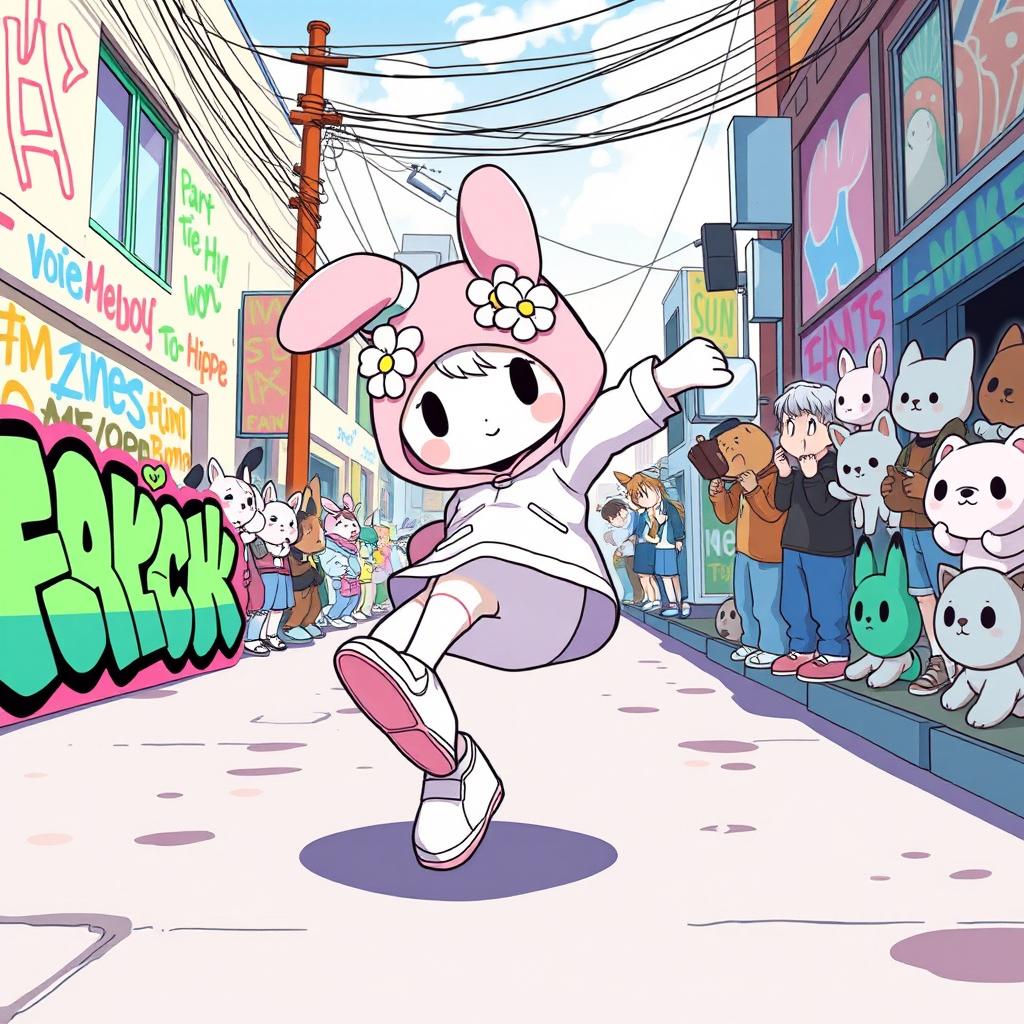 My Melody performing a breakdance move on a vibrant street with colorful graffiti