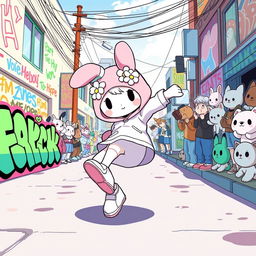 My Melody performing a breakdance move on a vibrant street with colorful graffiti