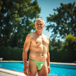 A confident middle-aged man wearing a tiny, snug-fitting swimsuit, standing by a vivid blue swimming pool