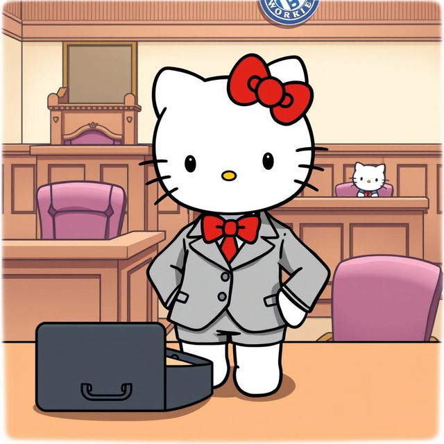 Hello Kitty in a courtroom, dressed in a smart lawyer's suit, standing confidently at her desk with an open briefcase