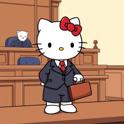 Hello Kitty in a courtroom, dressed in a smart lawyer's suit, standing confidently at her desk with an open briefcase