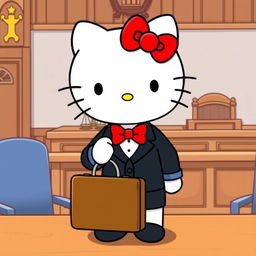 Hello Kitty in a courtroom, dressed in a smart lawyer's suit, standing confidently at her desk with an open briefcase