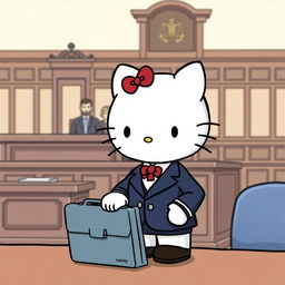 Hello Kitty in a courtroom, dressed in a smart lawyer's suit, standing confidently at her desk with an open briefcase