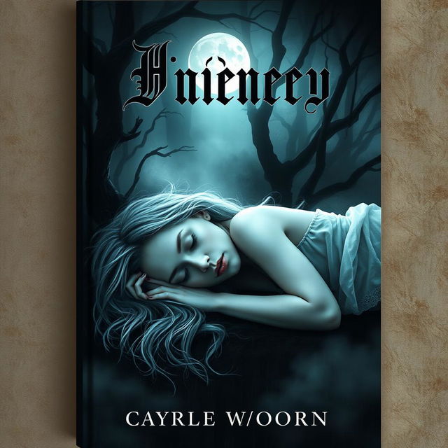 Creepy, haunting book cover featuring a sleeping, ghostly figure of a woman with a pale complexion lying in an eerie forest