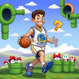 An imaginative crossover featuring NBA player Stephen Curry as a character in the Super Mario World universe