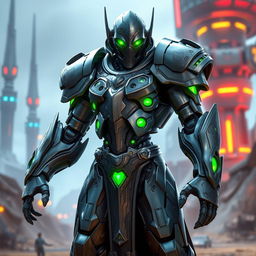 A warforged character with intricate metallic armor, featuring glowing green eyes that emit a mysterious and powerful aura