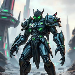 A warforged character with intricate metallic armor, featuring glowing green eyes that emit a mysterious and powerful aura