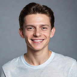 Realistic portrait of Tom Holland, the actor, with a luminous smile on his face, dressed in a casual yet stylish outfit.