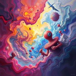 a surreal dreamscape with vibrant colors blending in fluid motion, featuring abstract forms and fantastical elements that blur the boundaries between reality and imagination, similar to the style of DKV B Art