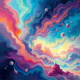 a surreal dreamscape with vibrant colors blending in fluid motion, featuring abstract forms and fantastical elements that blur the boundaries between reality and imagination, similar to the style of DKV B Art