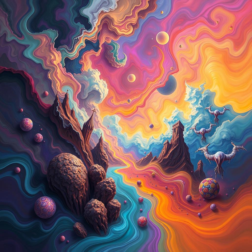 a surreal dreamscape with vibrant colors blending in fluid motion, featuring abstract forms and fantastical elements that blur the boundaries between reality and imagination, similar to the style of DKV B Art