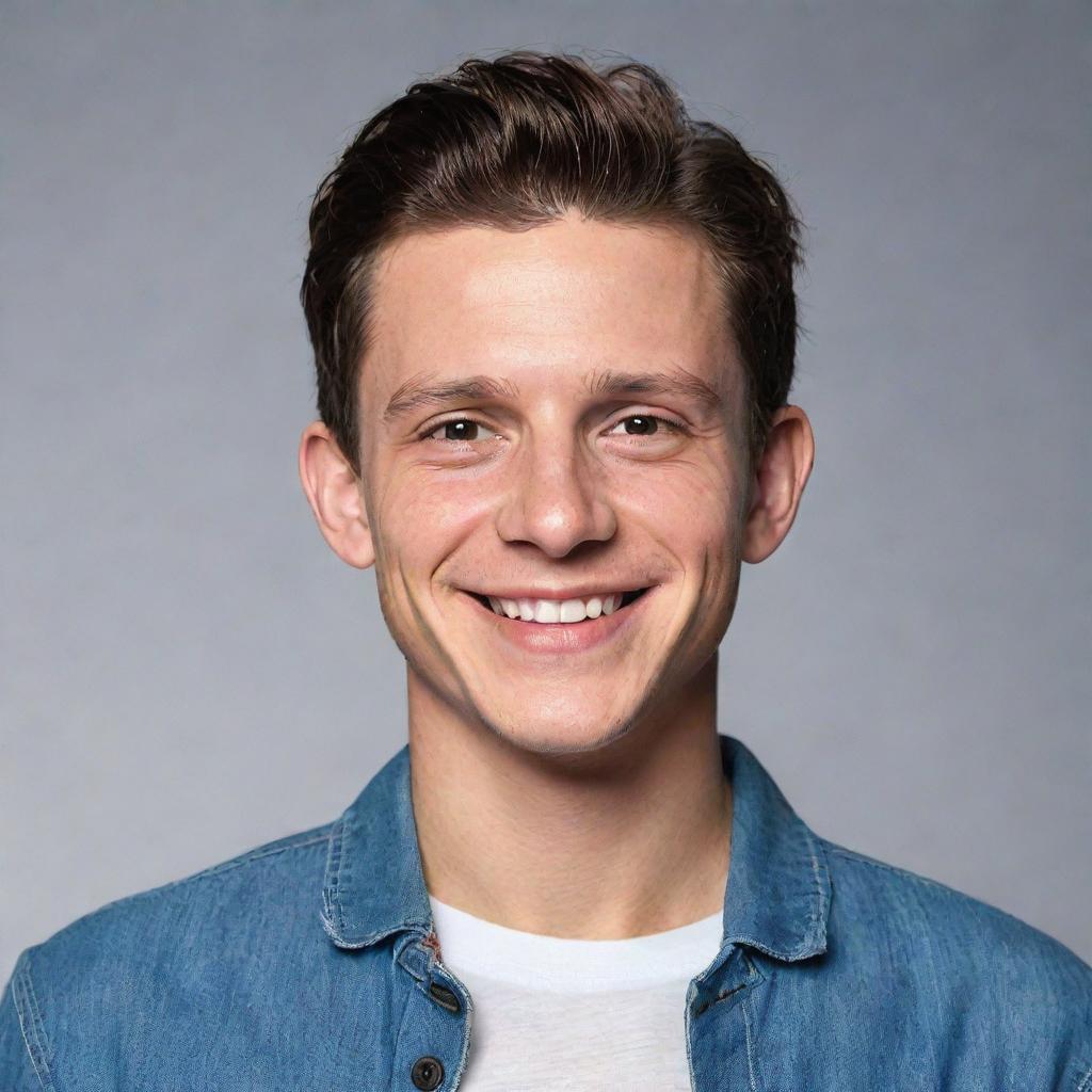 Realistic portrait of Tom Holland, the actor, with a luminous smile on his face, dressed in a casual yet stylish outfit.