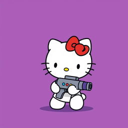 Hello Kitty holding a large, cartoonish gun that looks playful rather than menacing, set against a bold purple background