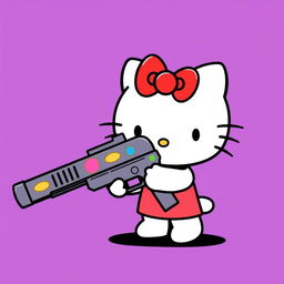 Hello Kitty holding a large, cartoonish gun that looks playful rather than menacing, set against a bold purple background