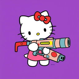 Hello Kitty holding a large, cartoonish gun that looks playful rather than menacing, set against a bold purple background