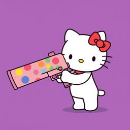 Hello Kitty holding a large, cartoonish gun that looks playful rather than menacing, set against a bold purple background