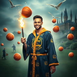 Stephen Curry in a magical world inspired by Harry Potter, wearing a wizard's robe adorned with golden NBA logos and holding a glowing wand