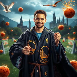 Stephen Curry in a magical world inspired by Harry Potter, wearing a wizard's robe adorned with golden NBA logos and holding a glowing wand