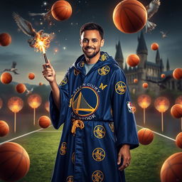 Stephen Curry in a magical world inspired by Harry Potter, wearing a wizard's robe adorned with golden NBA logos and holding a glowing wand