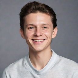 Realistic portrait of Tom Holland, the actor, with a luminous smile on his face, dressed in a casual yet stylish outfit.