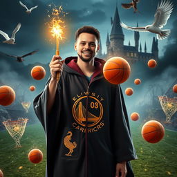 Stephen Curry in a magical world inspired by Harry Potter, wearing a wizard's robe adorned with golden NBA logos and holding a glowing wand